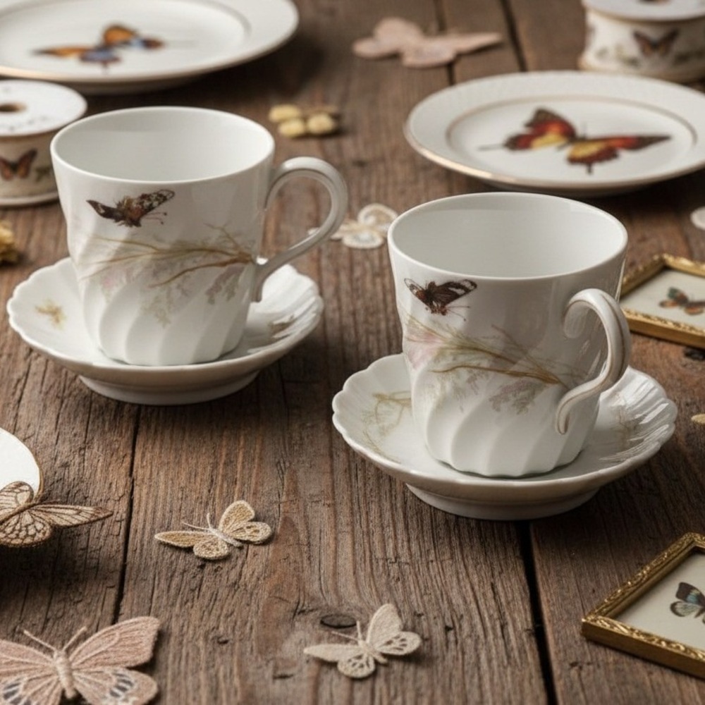 Haviland Limoges Meadow Visitors Demitasse‎ Cup & Saucer, Vtg Four Piece Set